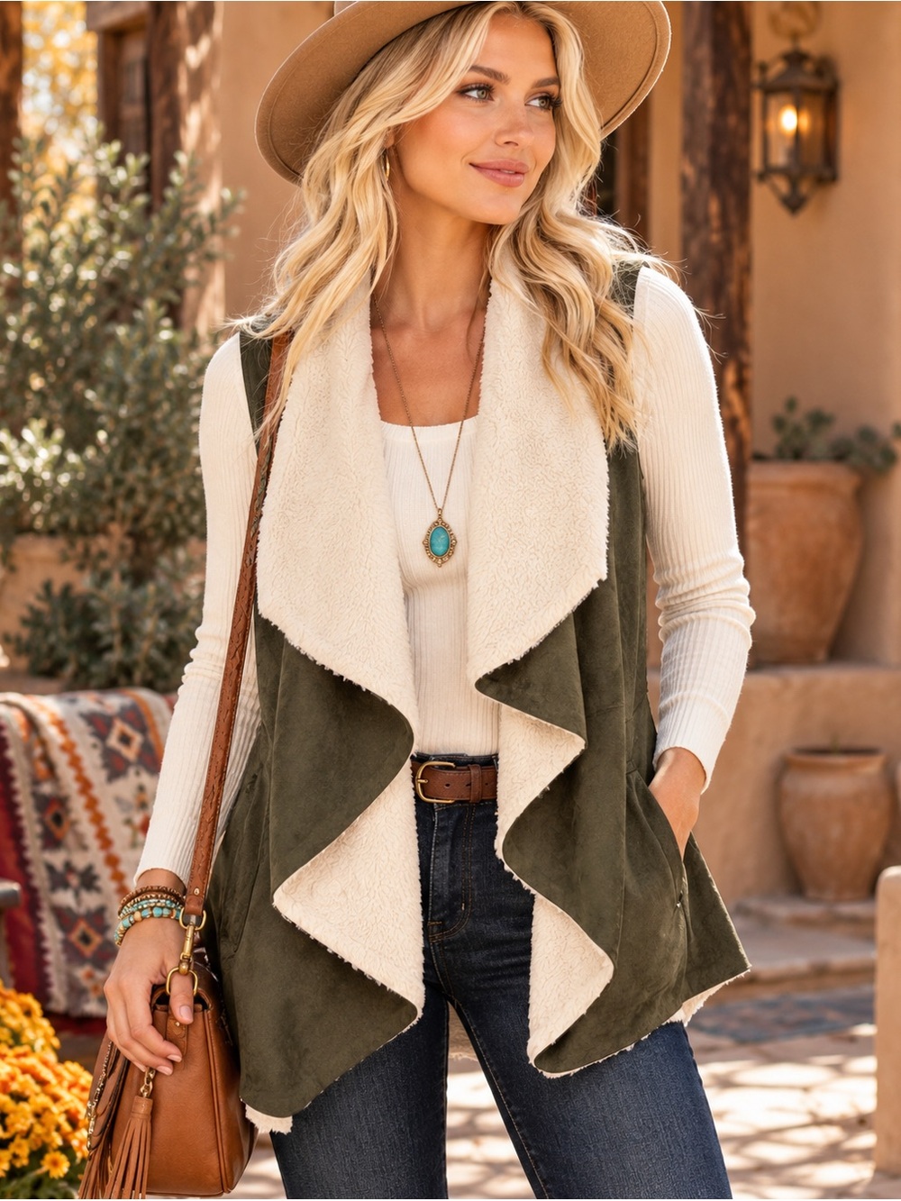 PPLA Olive Faux Suede Sherpa Waterfall Vest Small Boho Western